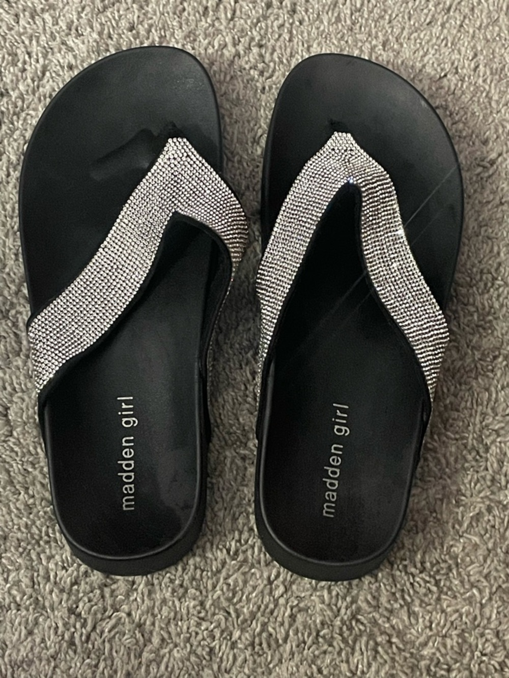 Madden Girl Black Sandal Flip-Flops with Silver Crystal Straps worn very little